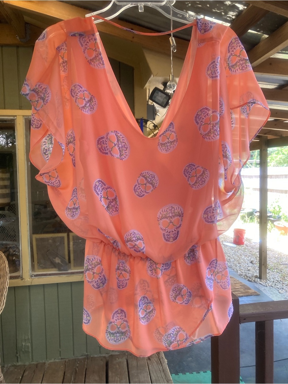 Teenflo Orange Sheer Wrap-Style Blouse with Purple Skull Print
